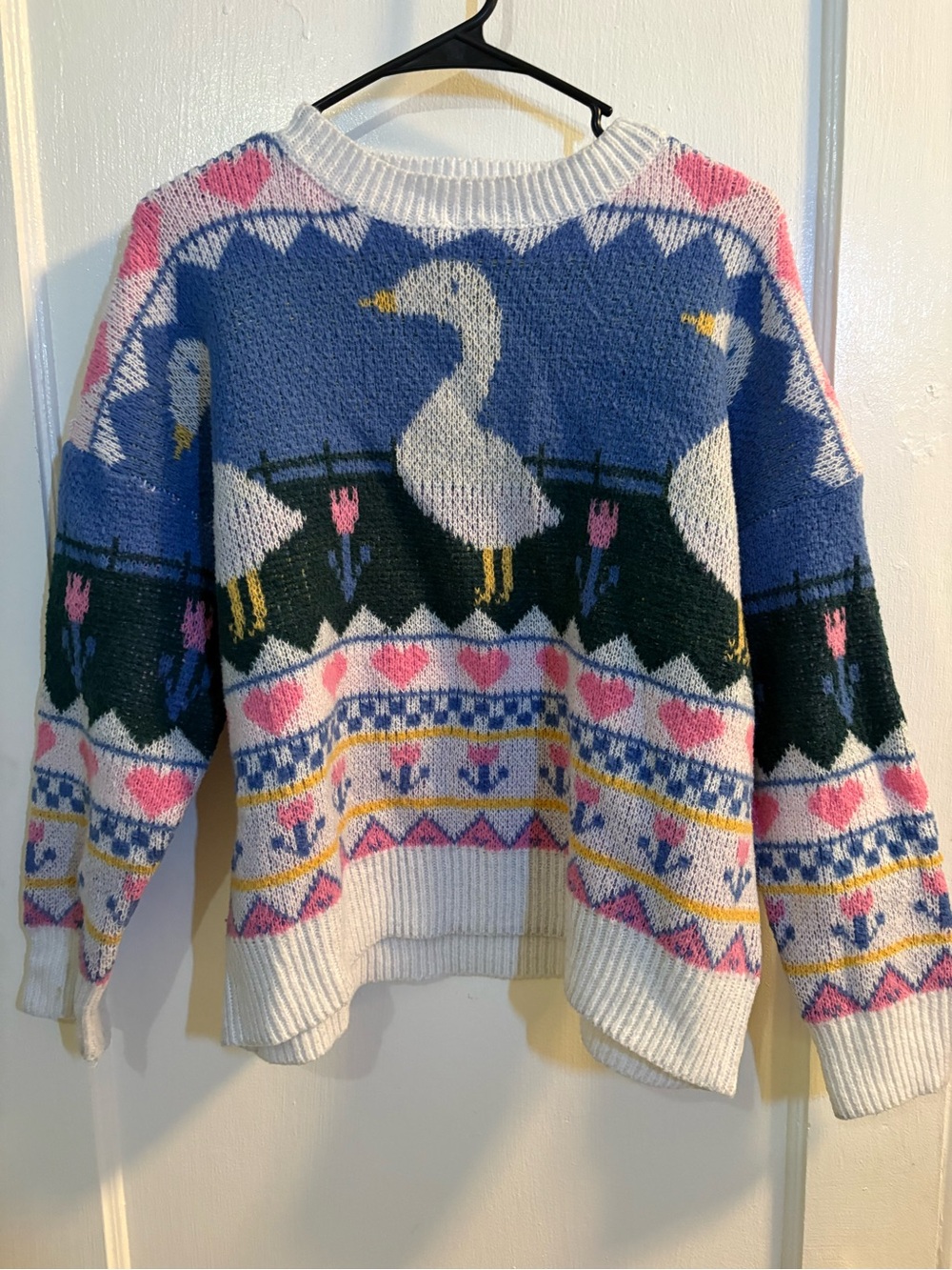 White & Blue Goose Pattern Women's Sweater - Unbranded